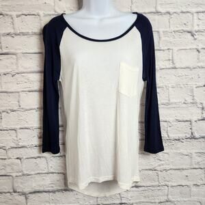 Forever 21 Baseball Tee Womens Size Small Pocket 3/4 length sleeves Cream Blue